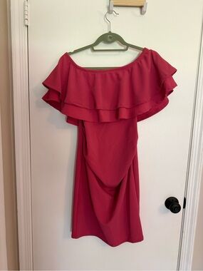 Maternity Off-Shoulder Ruffle Midi Dress in Hot Pink